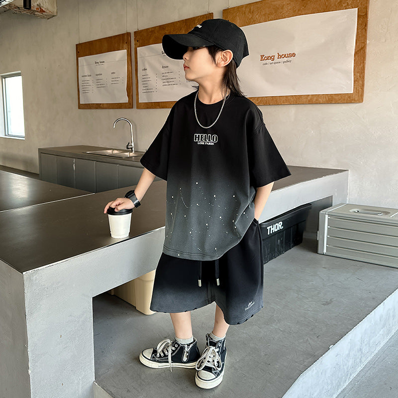 Boys'  summer starry sky casual short-sleeve t-shirt and shorts set - loose fit, round neck, trendy star pattern top