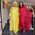 African women's dress 3d embroidered floral mesh round neck batwing sleeve loose plus size robe + vest maxi dress