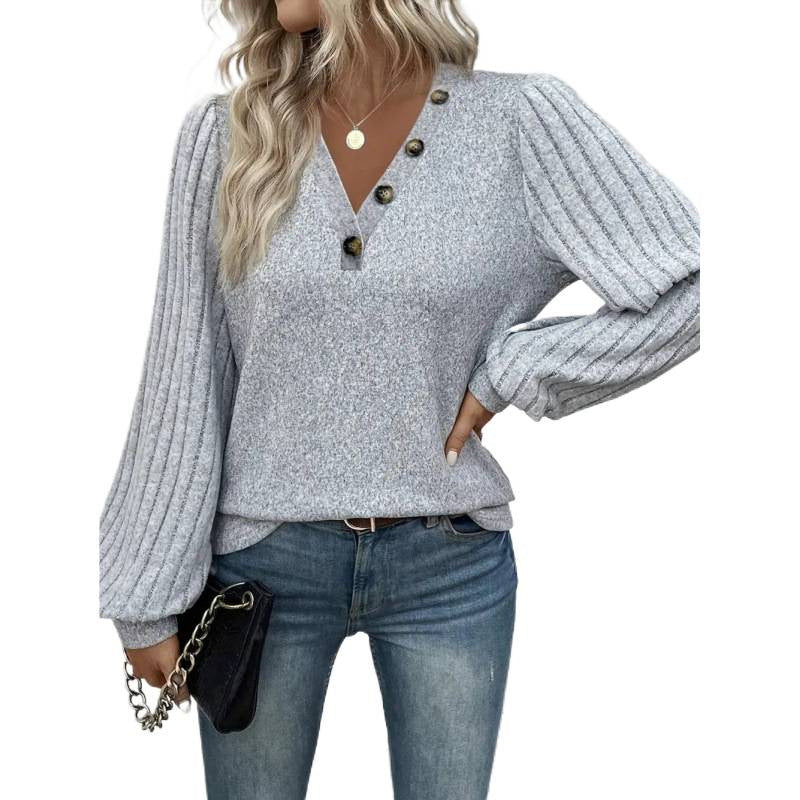 Shipped:  autumn new arrivals - women's button-decorated, patchwork v-neck t-shirt pullover for cross-border fashion in europe and the us
