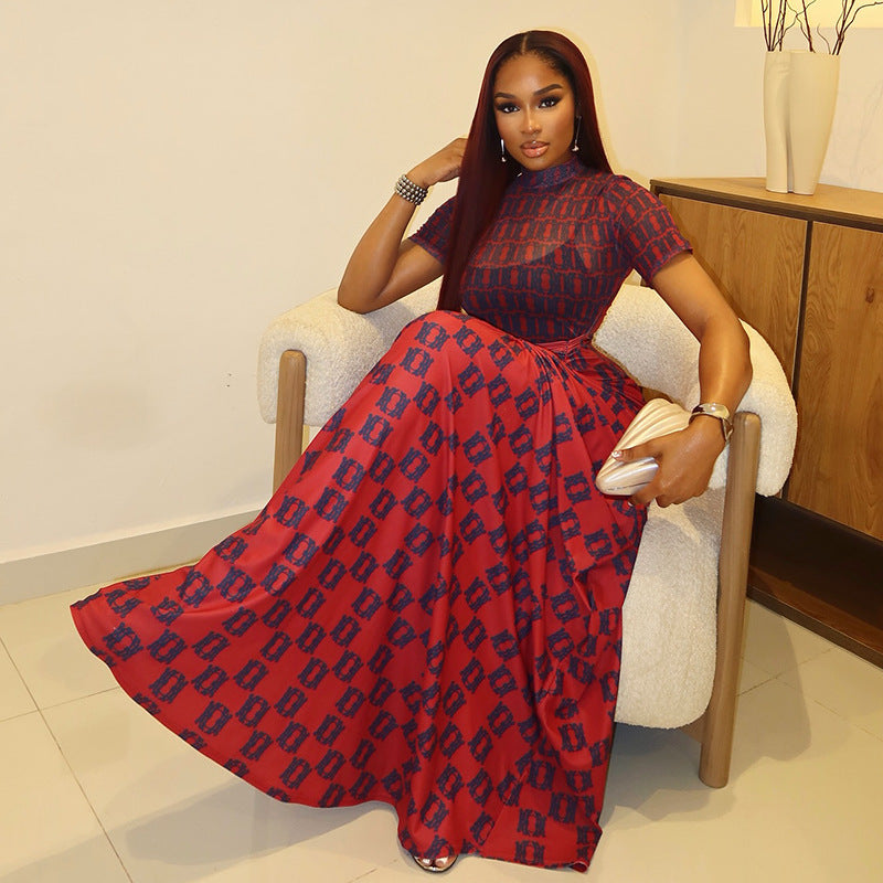 European and american women's clothing  autumn new collection: sweet and fresh printed mock neck short sleeve high waist slimming a-line dress