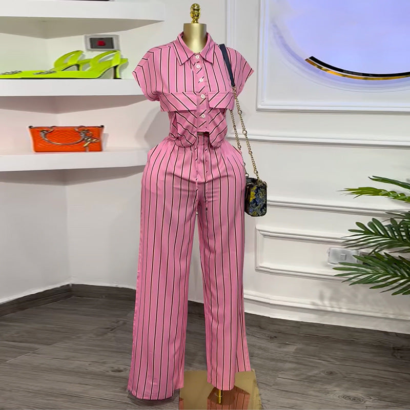 European and american cross-border women's fashion:  autumn new collection - stylish turn-down collar striped short-sleeve shirt and wide-leg pants casual set