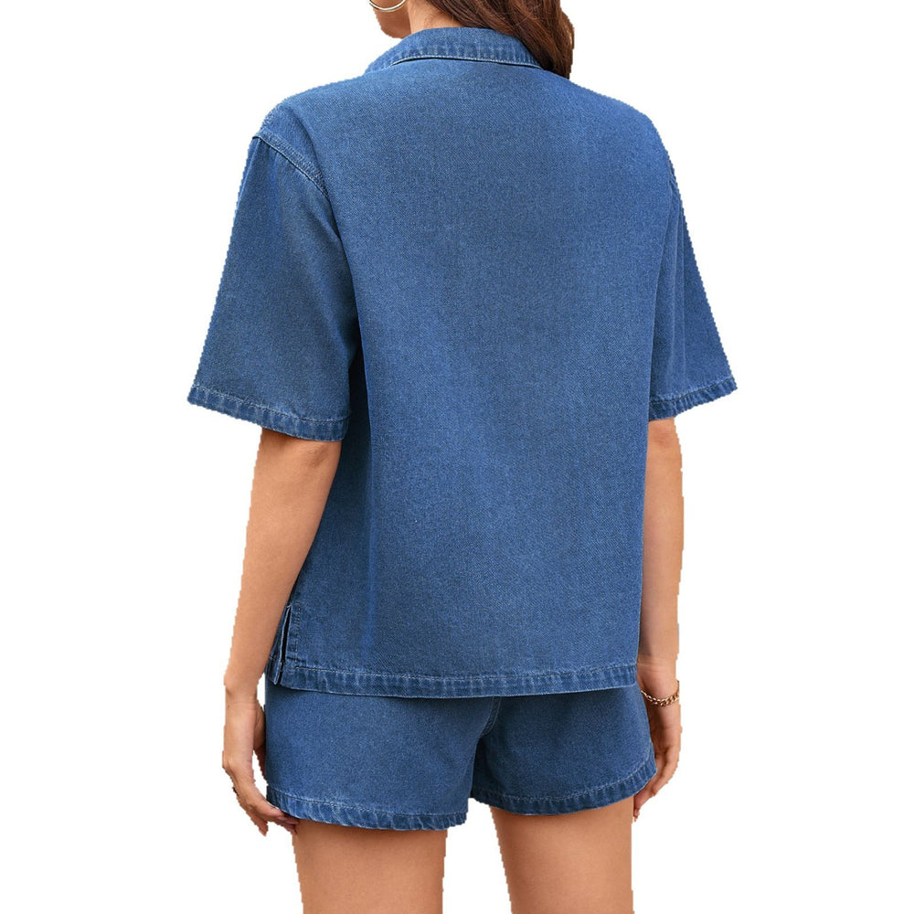 European and american cross-border e-commerce summer new women's clothing  independent website washed denim tie-up short sleeve top set