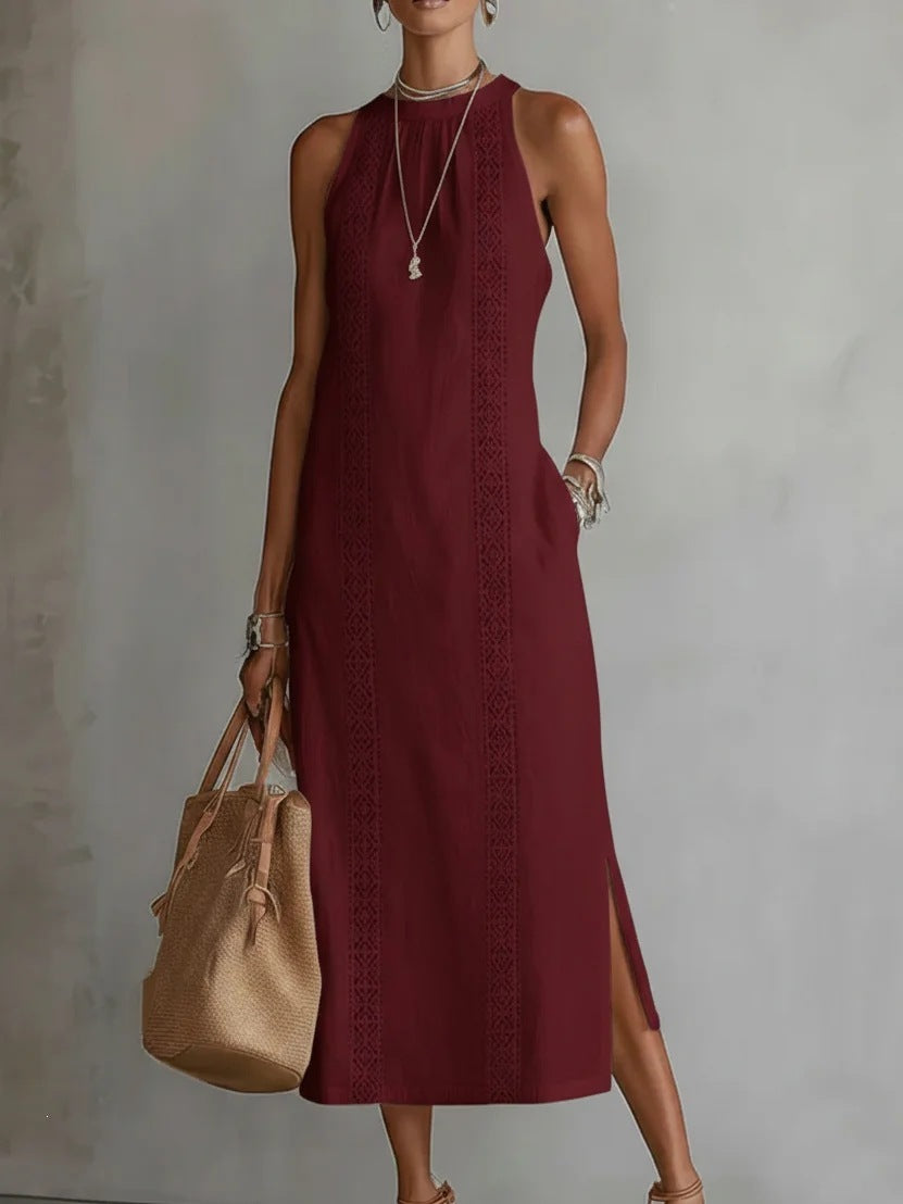 spring collection: european & american -style halter neck sleeveless dress - solid color lace trim, perfect for vacation