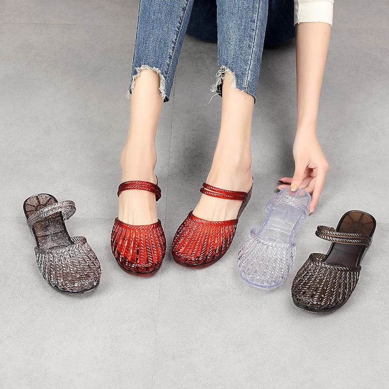 Summer sandals for women, crystal embellished, versatile two-way design, pointed toe, closed-toe, square heel, fashionable, non-slip, outdoor, transparent