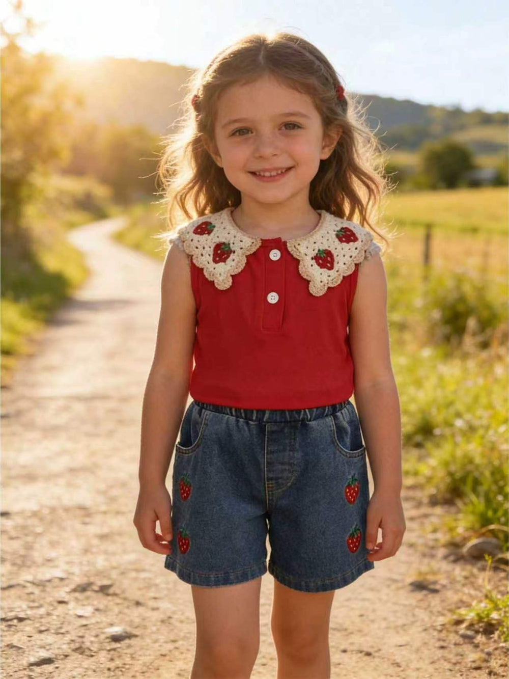 hot selling girls' cute strawberry solid color top with embroidered denim shorts two-piece set