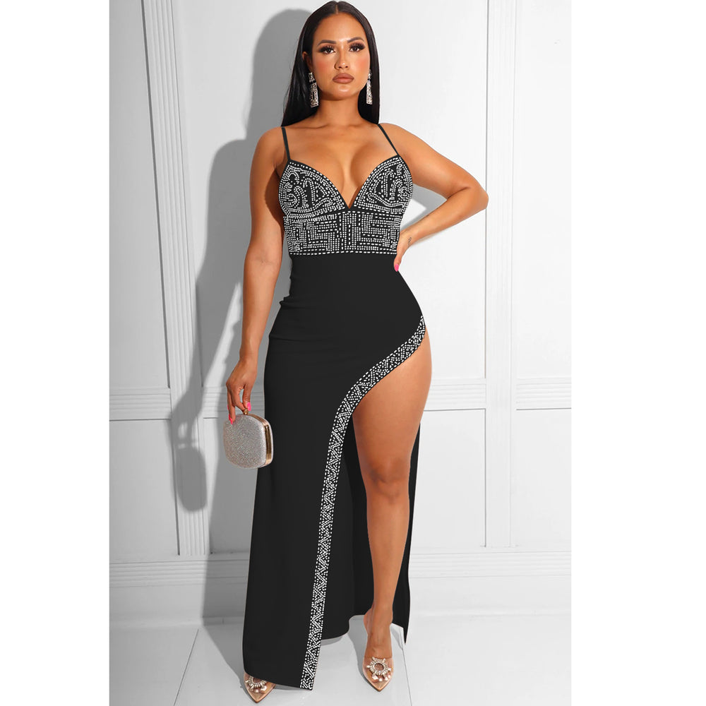 C5902 cross-border new arrival: hot-selling -style european and american rhinestone embellished sexy cami irregular maxi dress