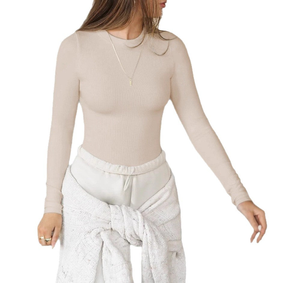 Fashion2025new arrivaly2k clothes threaded round neck long sleeves t-shirt women's bottomoutwear silm right shoulder hot girltops