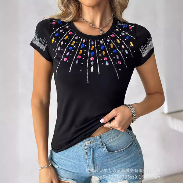 Foreign Trade 2024 Women's Diamond Decorated Short Sleeve T-Shirt Top WMJX0004