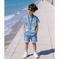 New korean style kids' denim short sleeve set - cartoon deer print shirt + shorts - wholesale boys' clothing