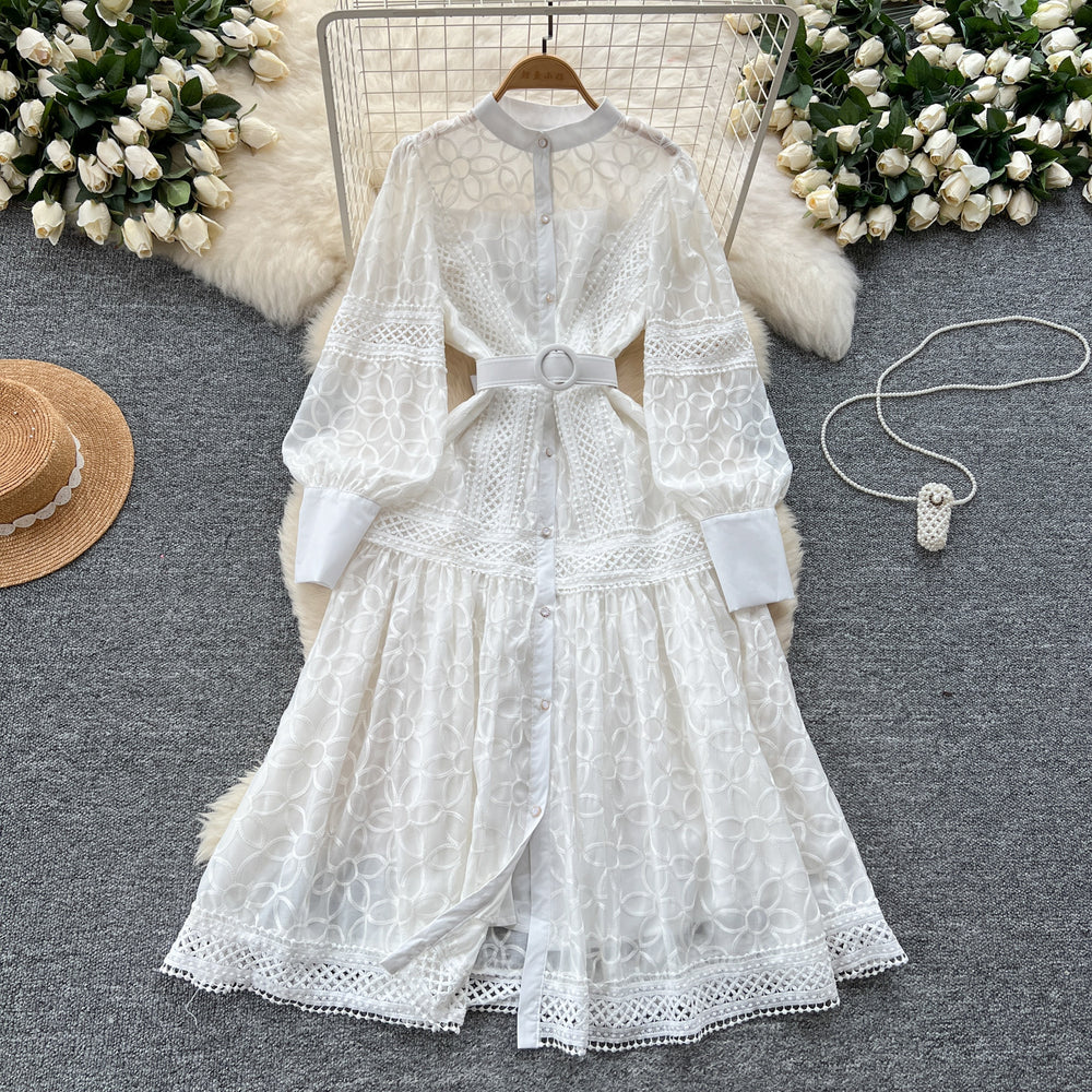 Palace style dress for women spring new frencheleganceembroider lantern sleeves waist single breasted large hem long skirt