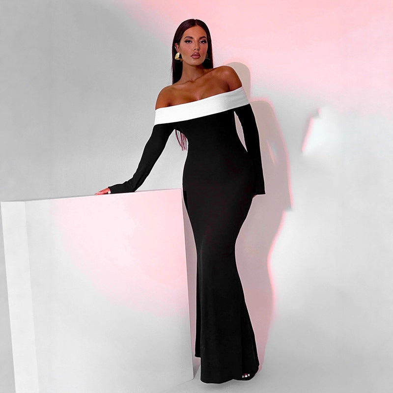 Exportfashion style winternew arrival women's fashioncontrast color one shoulder silmlong sleeves hip-covering mermaiddress women