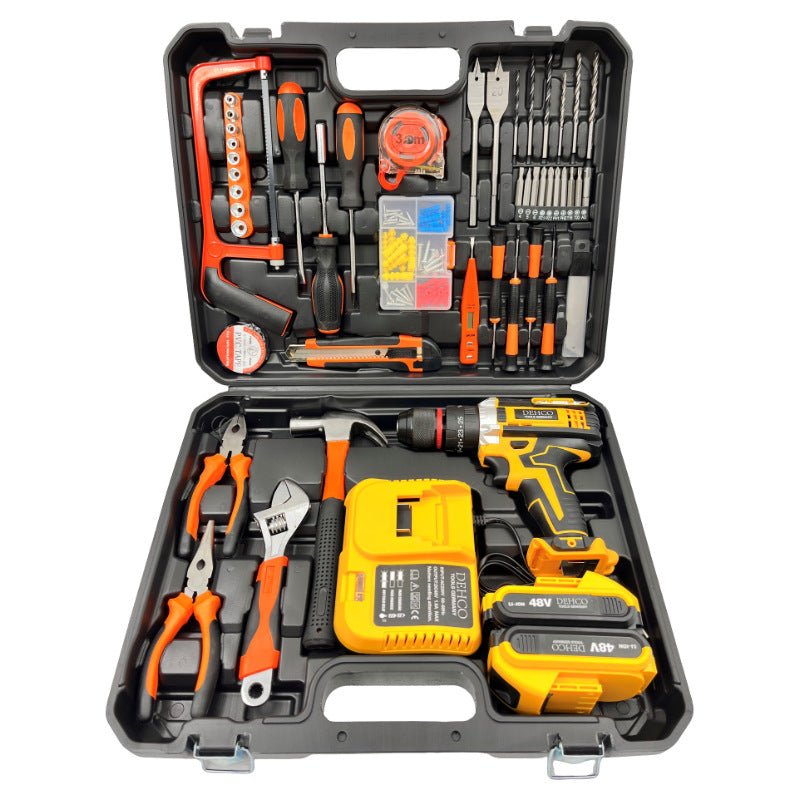 Dewei high-power double bead three-function metal chuck lithium battery impact drill hand electric drill kit work box