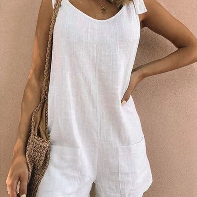 summer   hot-selling solid color cotton linen patch pocket fashion jumpsuit