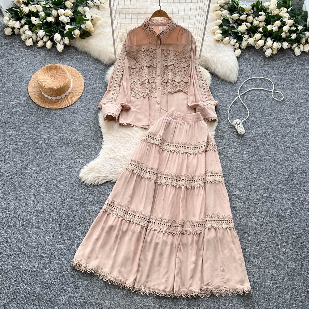 French court style hollow-out crochet mature woman's summer outfit: long-sleeved blouse & elastic waist long skirt set