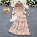 French court style hollow-out crochet mature woman's summer outfit: long-sleeved blouse & elastic waist long skirt set