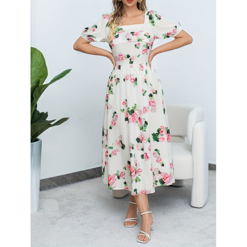 Aliexpress cross-border original design: elegant square neck fashion floral lady dress