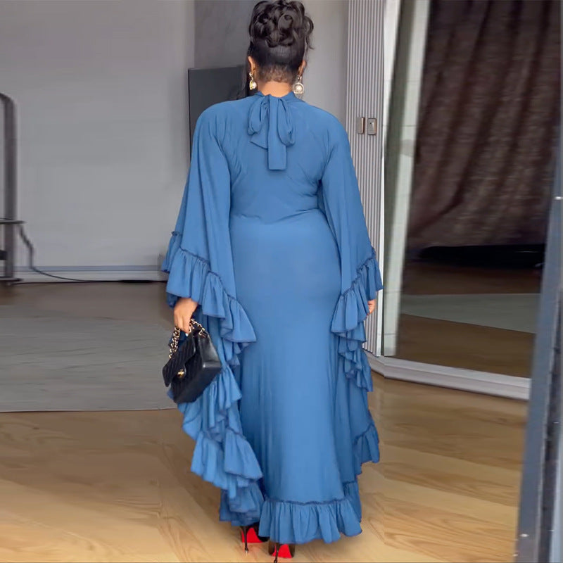 European and American  women's clothing 2025 autumn new fashion semi-turtleneck bat sleeve splicing ruffle dress dress