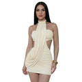 European and american women's clothing  summer new solid color casual backless halter neck tie-up ruched mini dress wholesale
