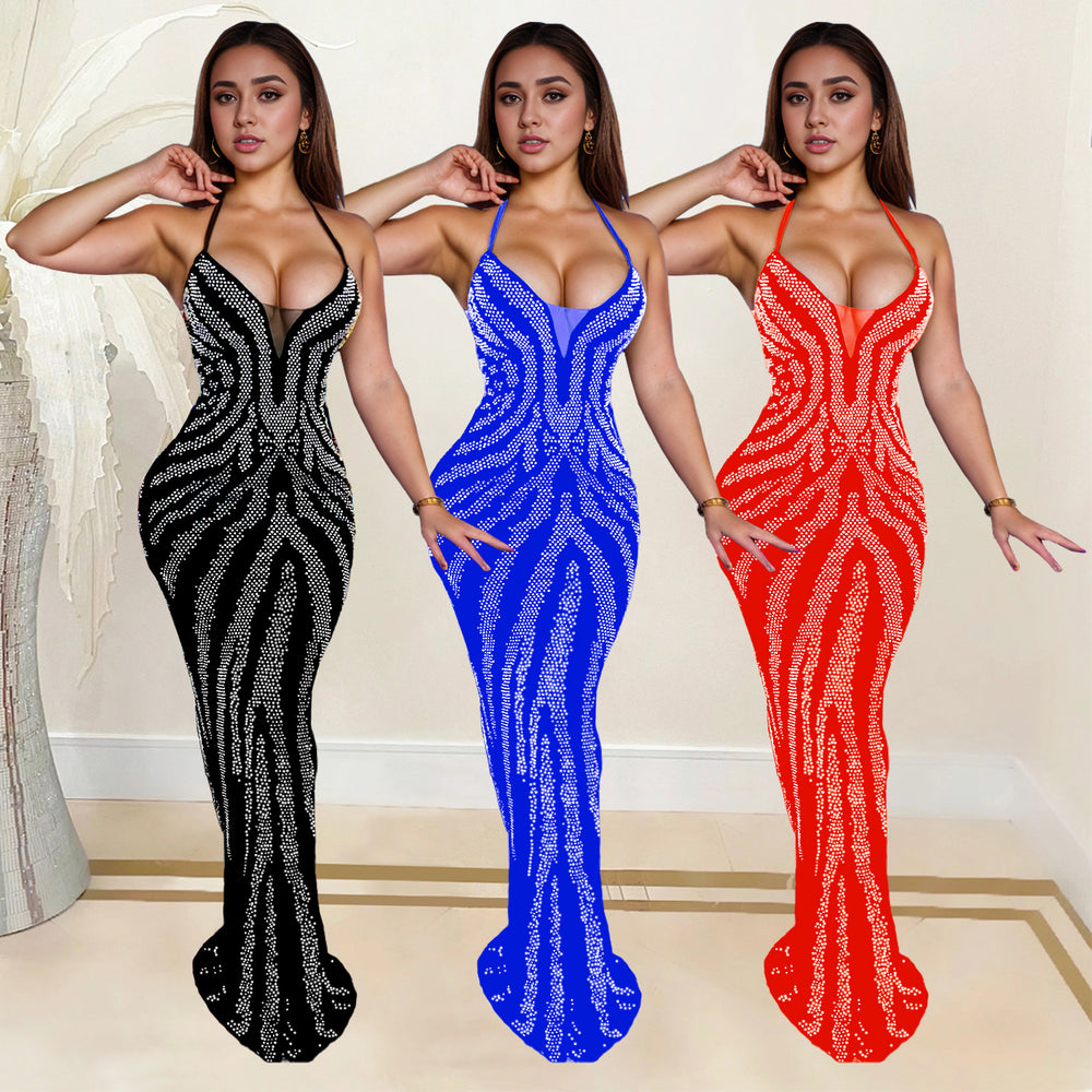 C7099 cross-border   independent station fashion fashion women's suspender hot diamond classy dress