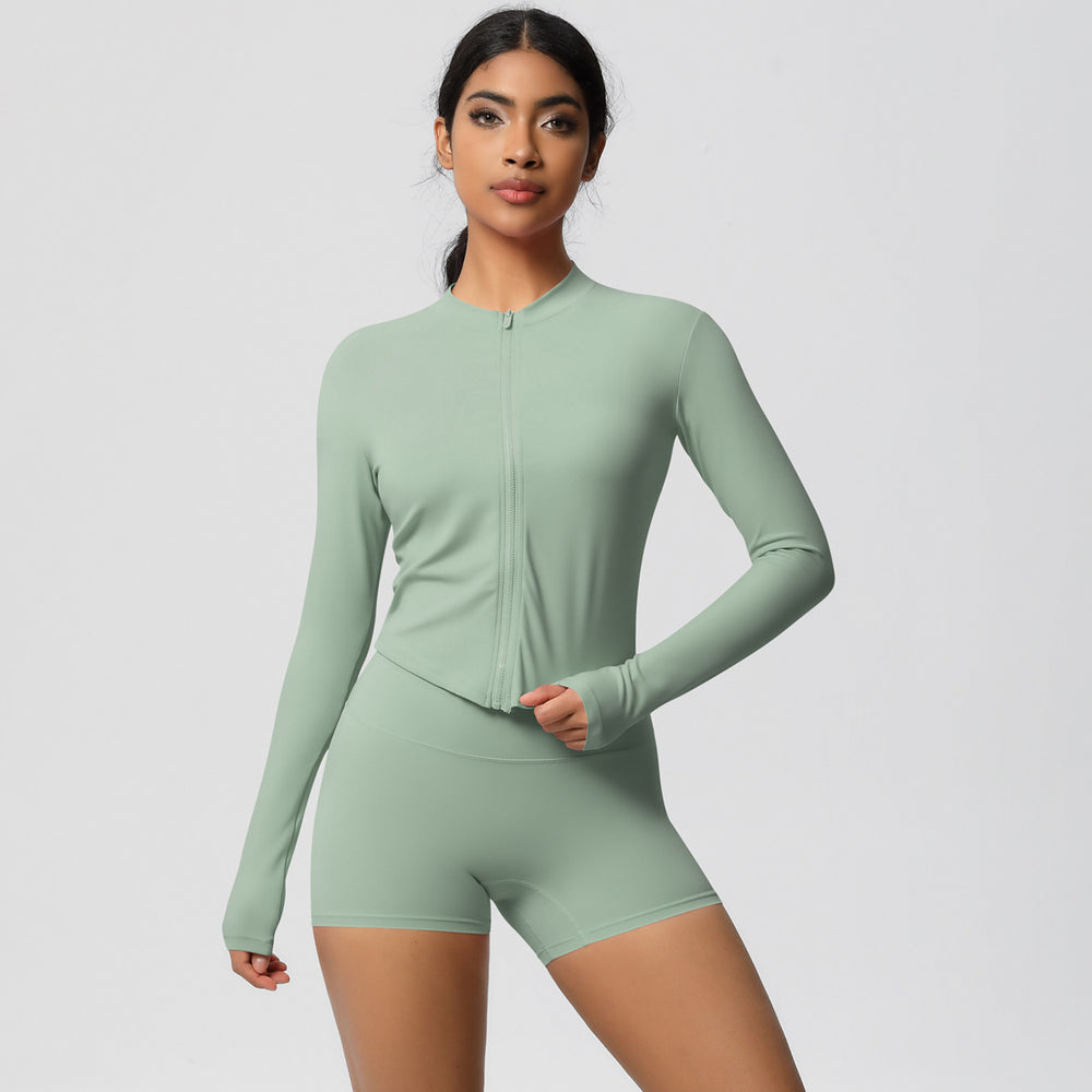 pure color brushed nylon nude zipper outwearlong sleeves yoga suit tight running sports fitness suit