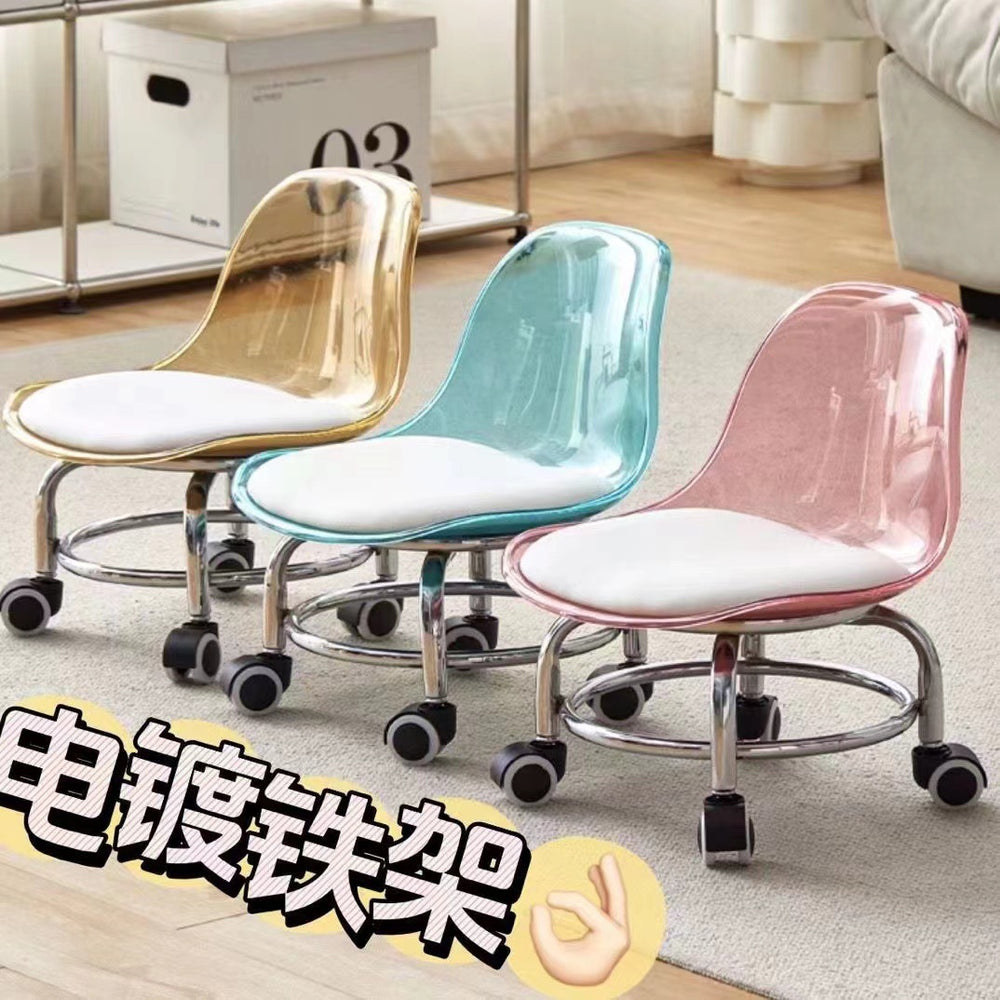 Acrylic swivel stool with low seat, silent transparent backrest, small chair with casters, baby-sitting stool, trendy shoe changing stool