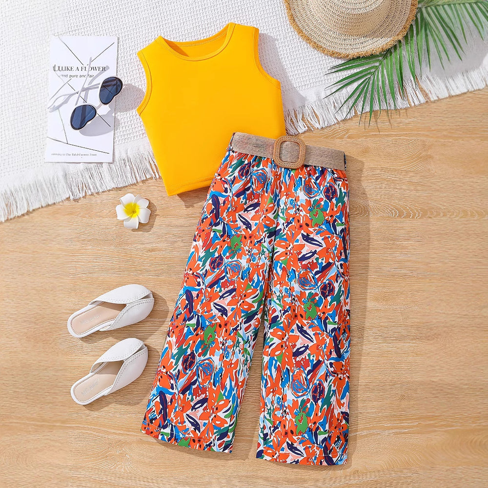 Girls' summer tank top set: yellow sleeveless knit top with floral print pants and belt - two-piece outfit for kids