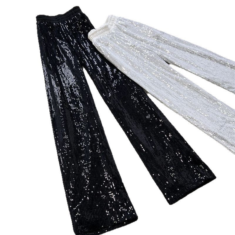 summer new arrival: flowy starry sky straight-leg pants - elastic waist, sparkling sequins, casual, loose fit, slimming wide-leg trousers