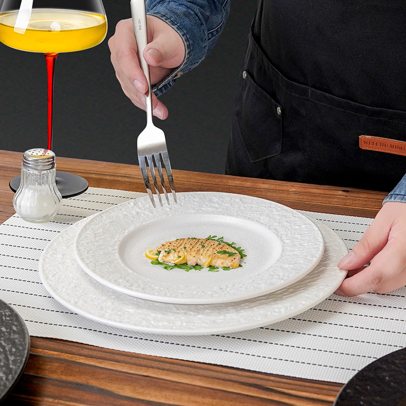 European-style embossed ceramic dinner plate - restaurant & hotel high-end rock texture steak flat plate - minimalist dessert presentation
