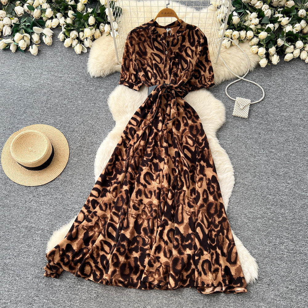 Vintage print a-line dress - women's summer short sleeve, slim fit, elegant long dress