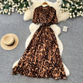 Vintage print a-line dress - women's summer short sleeve, slim fit, elegant long dress