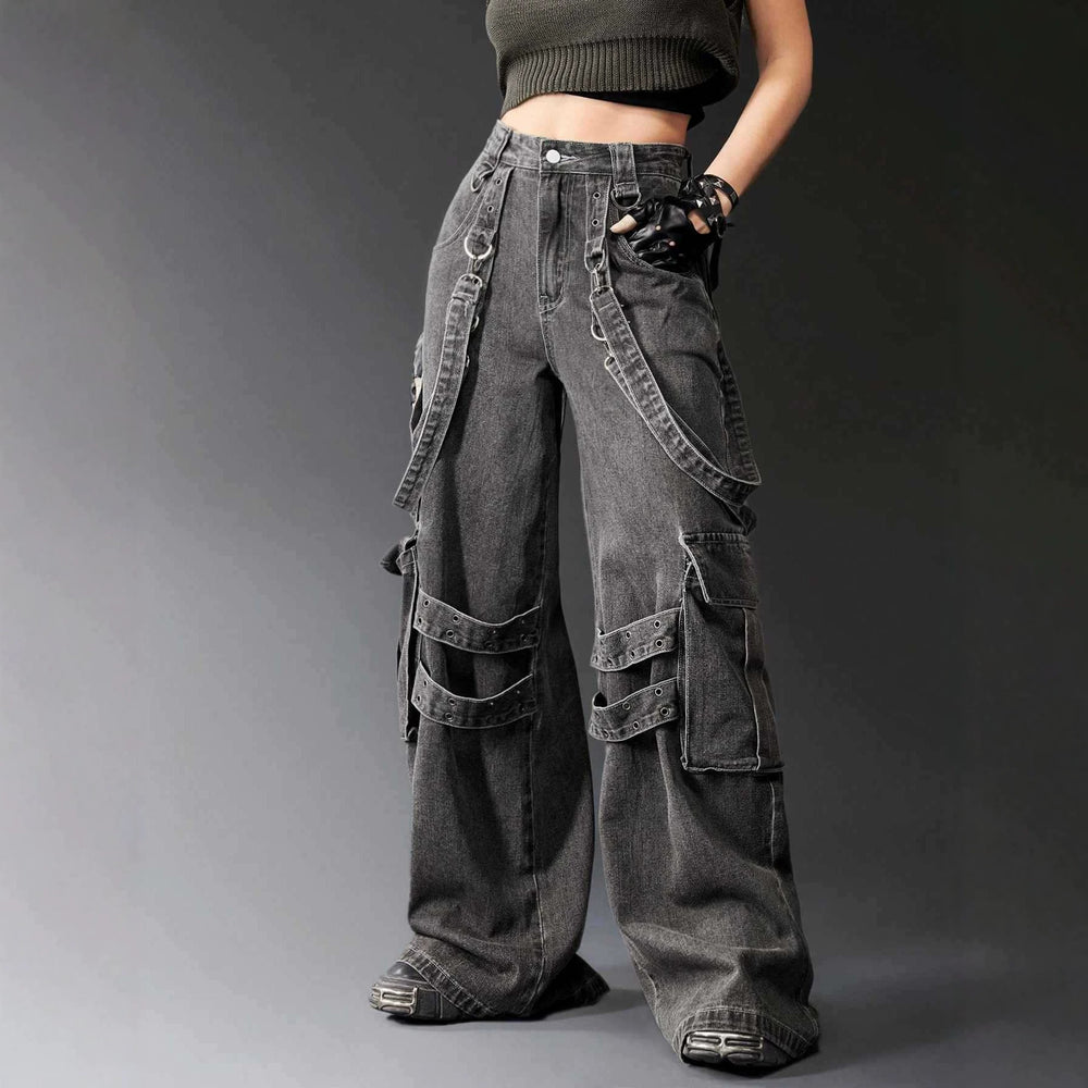 Amazon tiktok pinduoduo foreign trade cross-border fashion gothic style straps multi-pocket distressed gray workwear wide legs