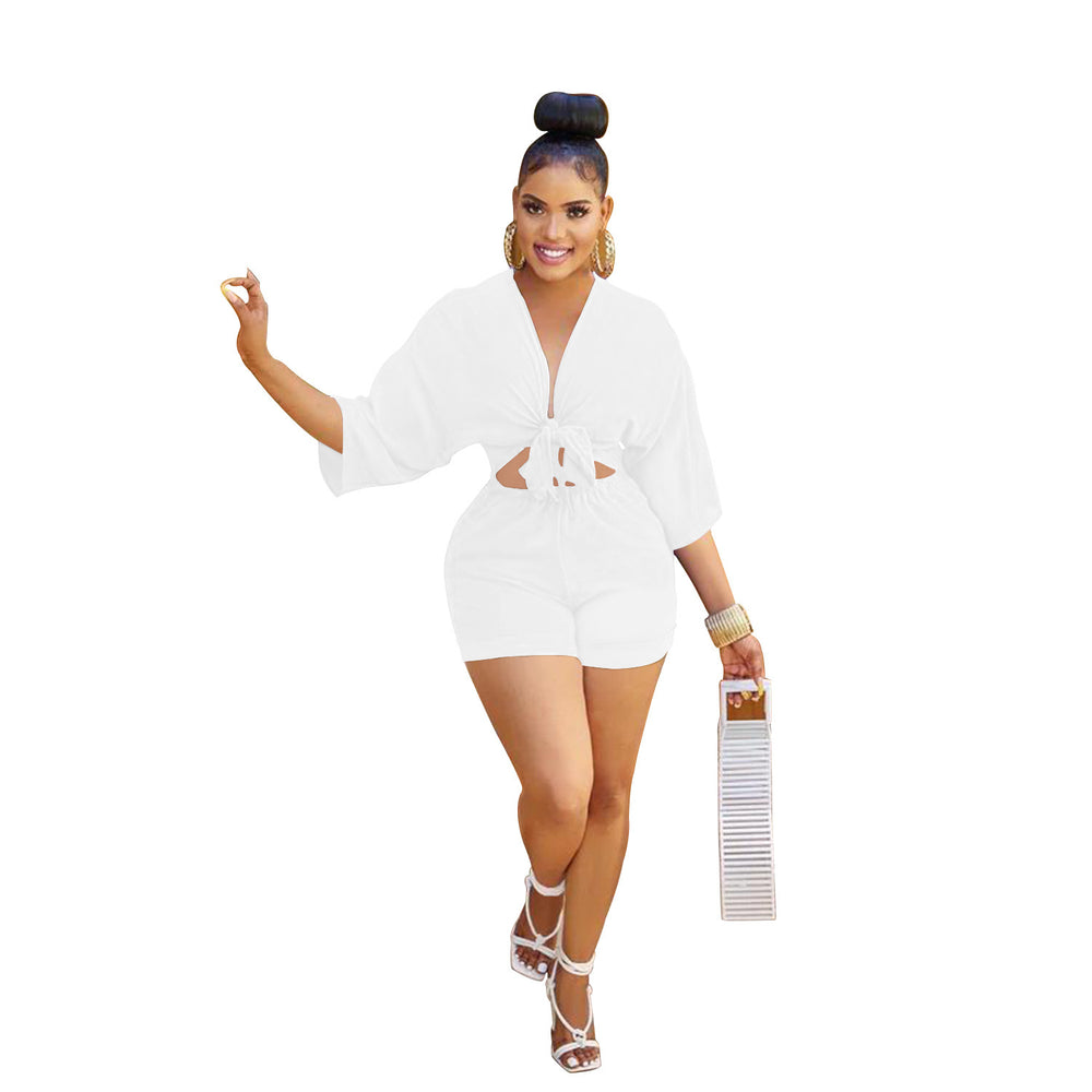 C5973 in stock cross-border   fashion women's shorts, mid-sleeve mock shirt jumpsuit