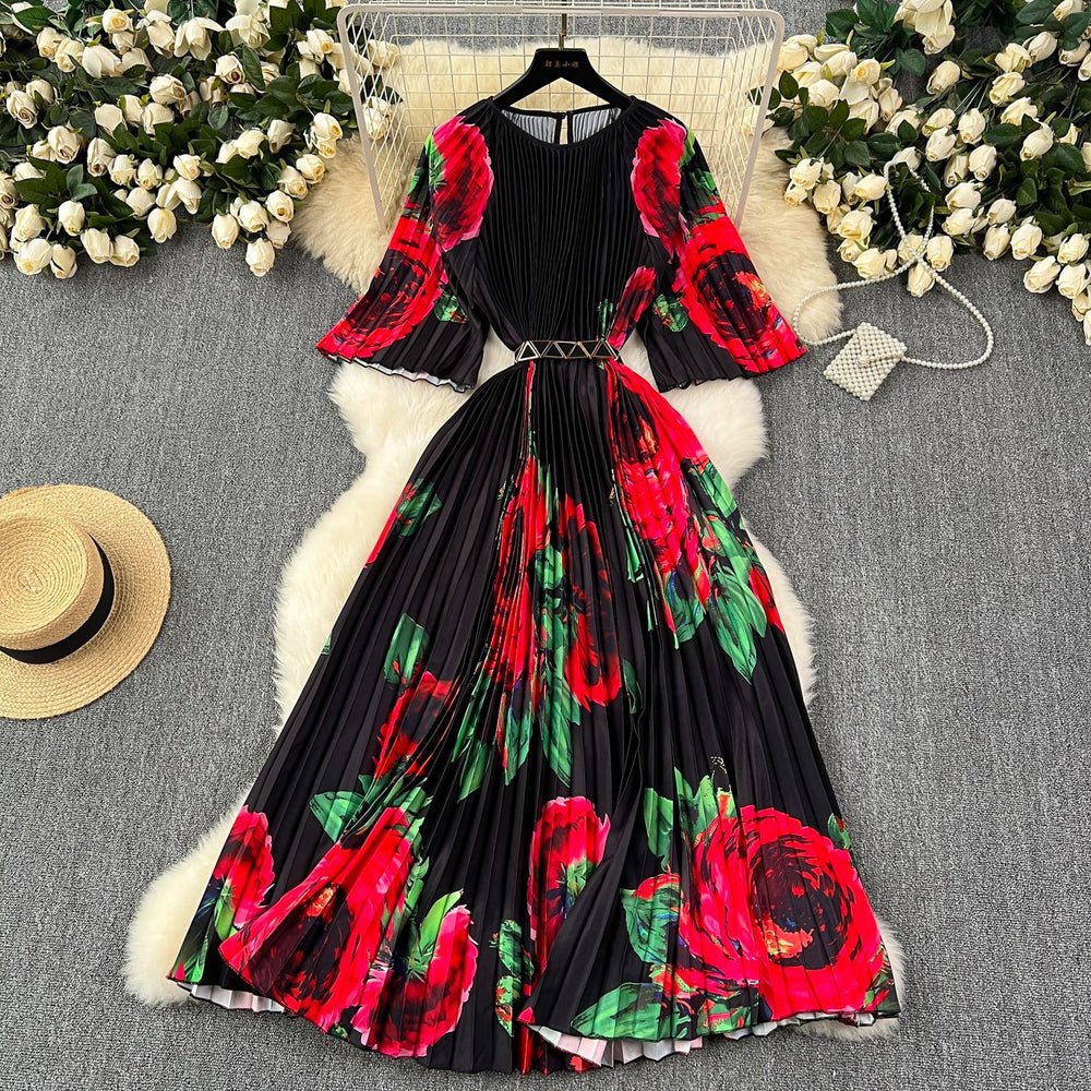 European and american retro court style design printed long dress with heavy pleating, puff sleeves, and pleated skirt - spring collection for women