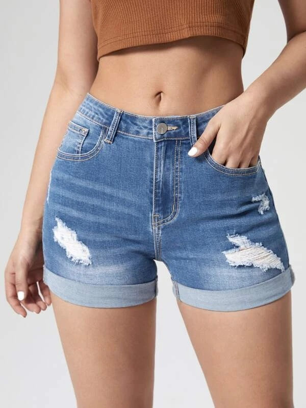 Amazon distressed denim shorts for women - summer hot seller, ins trendy high-waisted rolled hem shorts, washed stretch jeans