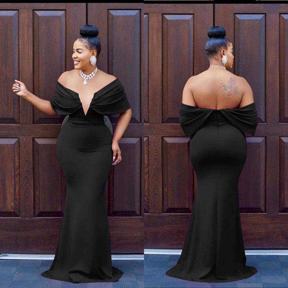 C6587 cross-border   fashion women's solid color off-the-shoulder deep v backless mermaid prom dress