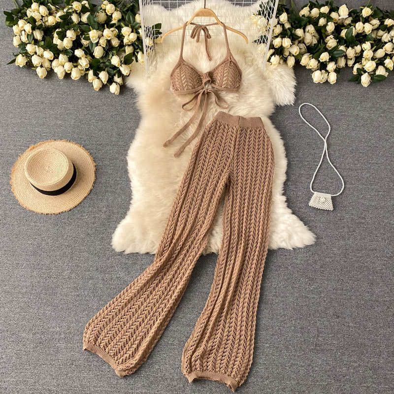 Beach vacation set for women: sexy bikini with halter top, unique cutout knit wide-leg pants