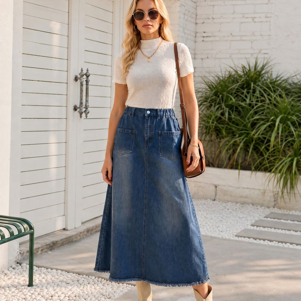 Fashion cross-border export  washed double flap pocket pants elastic waist raw edge hem slimming look street versatile skirt