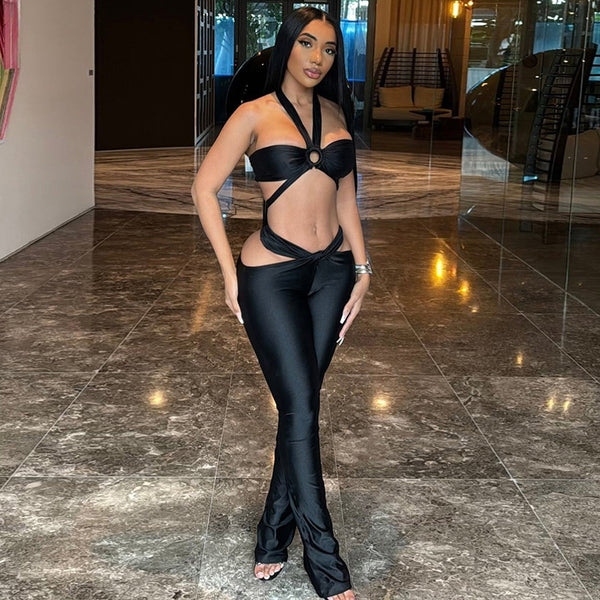 European and American style 2024 summer new fashion creative solid color hollow sleeveless neck hanging navel low waist slim pants set