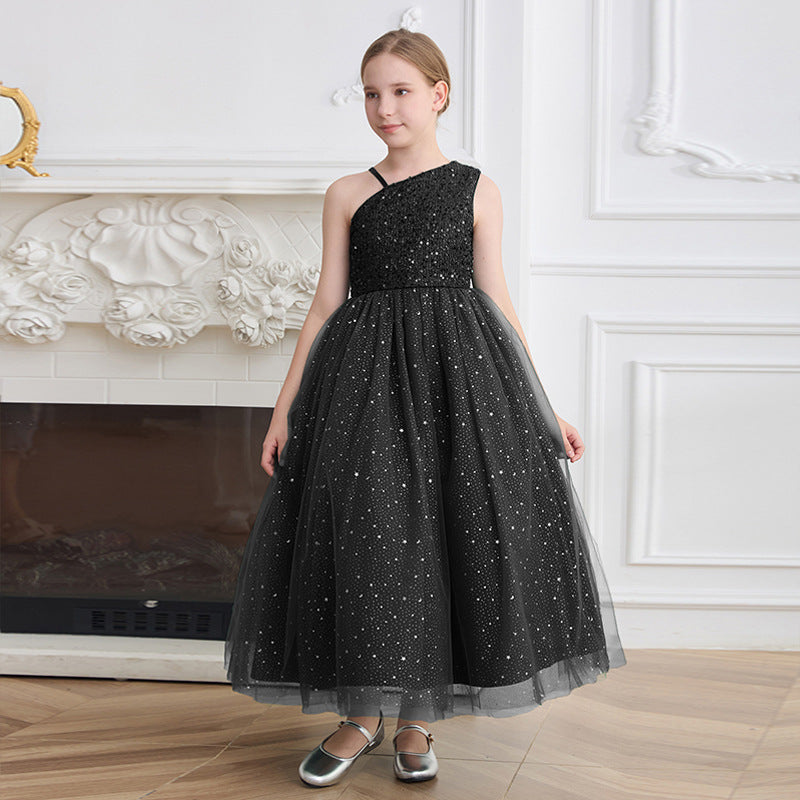 European and american export custom girls' dresses - one-shoulder, off-the-shoulder formal gowns - high-end sequin runway host/performance costumes for children