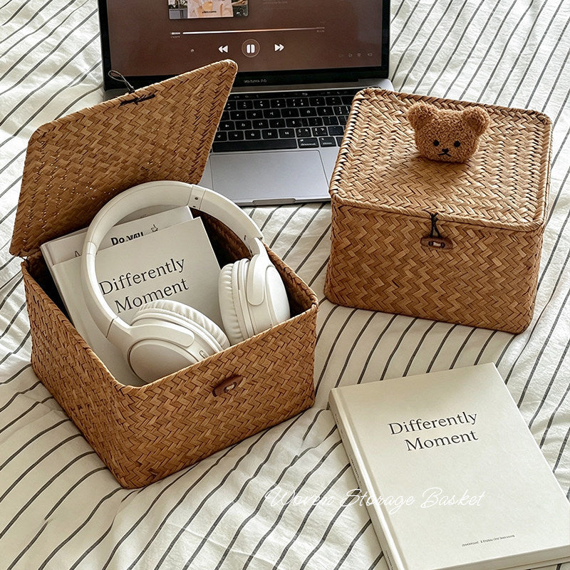Rattan storage basket desktop storage box cosmetics miscellaneous woven storage basket storage box with lid snack box