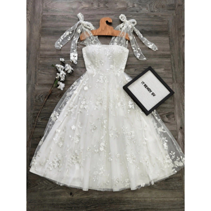 European and american cross-border women's summer elegant romantic mesh embroidered fabric tie-waist a-line midi dress