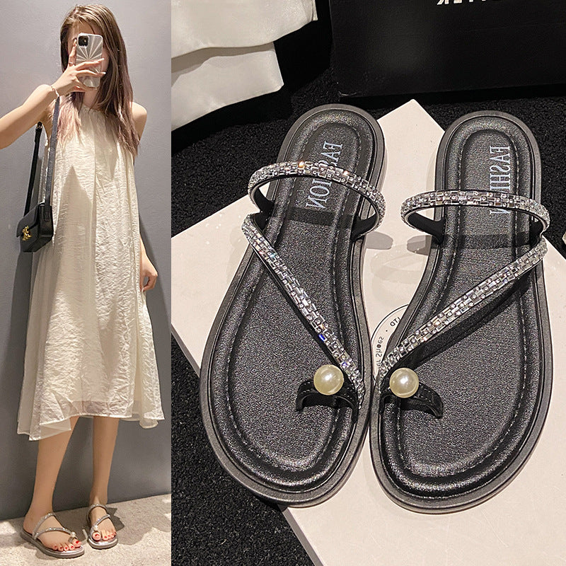 Summer new arrivals: french-inspired flat sandals for casual getaways - stunning, ethereal style, women's outdoor fashion slides with rhinestone accents