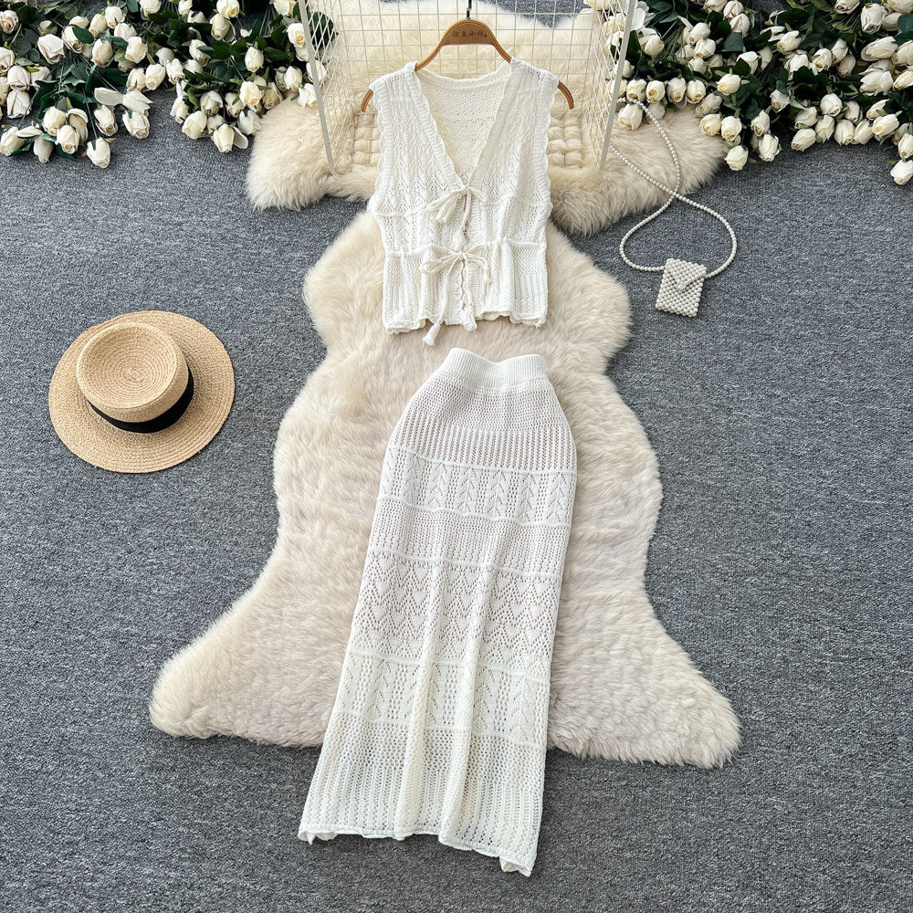 summer hollow-out knit slim-fit two-piece set - women's retro sleeveless, slimming, elegant, and chic workwear outfit