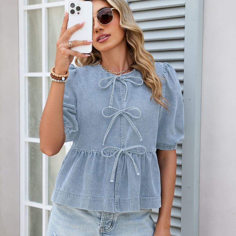 Fashion cross-border export denim tops round neck stereobows bubble short sleeves tie back waist shortshirt women