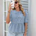 Fashion cross-border export denim tops round neck stereobows bubble short sleeves tie back waist shortshirt women