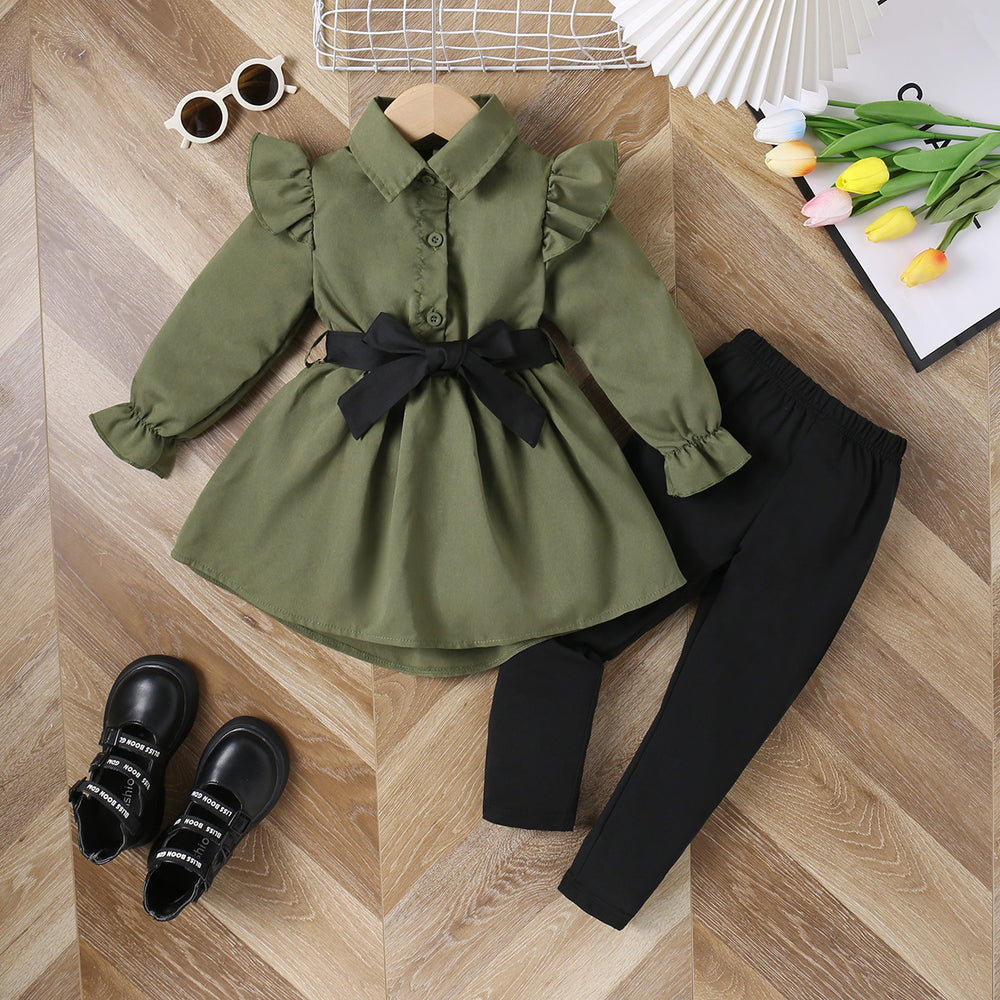 children's wear cross-border autumn new arrivals: girls' fashionable longline shirt dress with belt and leggings set