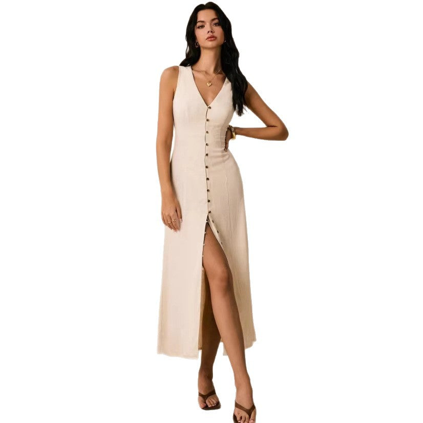 summer new european and american  cross-border fashion solid color multi-button sleeveless long versatile maxi dress