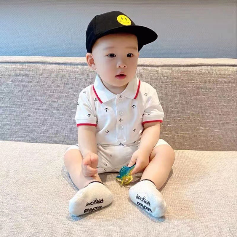 Baby romper, crawling suit, lightweight short-sleeve onesie, korean style summer knitted turn-down collar romper for baby boys