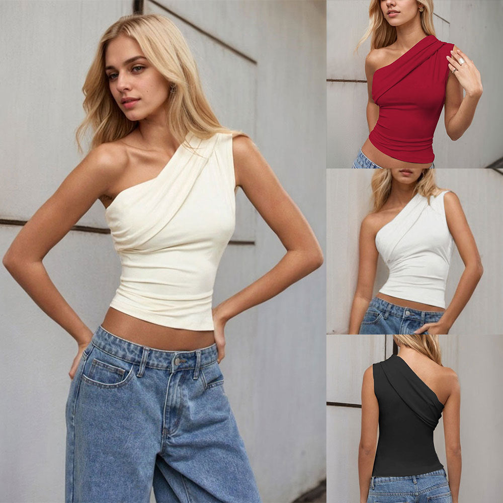 ins hot selling cross-border women's clothing sexy one shoulder t-shirt spring and summer new style slanted collar off-shoulder pure desire top