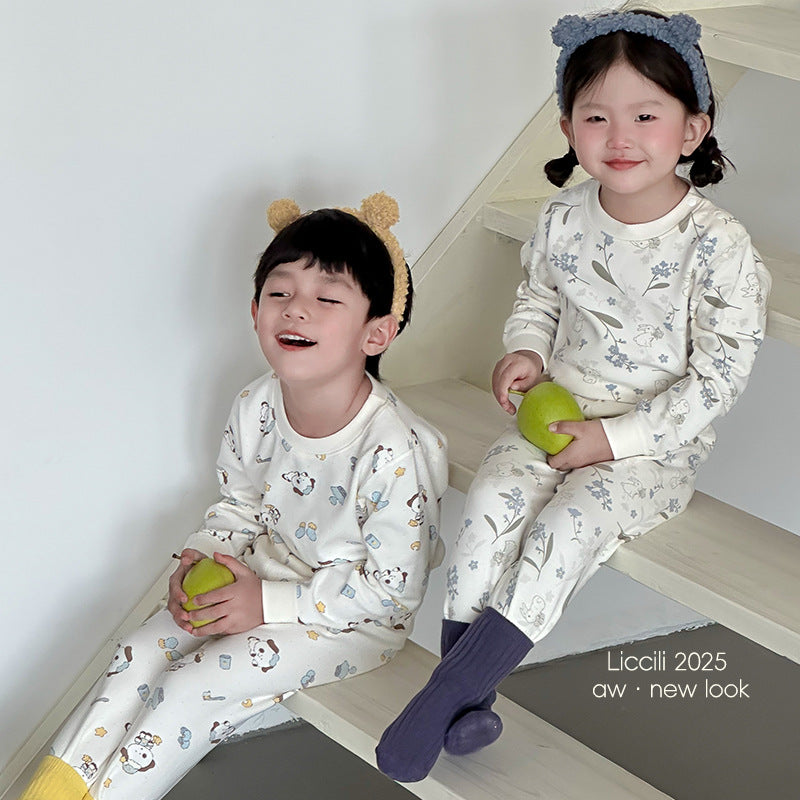 Kids' thermal underwear set - boys' and girls' autumn/winter warm base layer loungewear - soft fleece cotton seamless pajamas